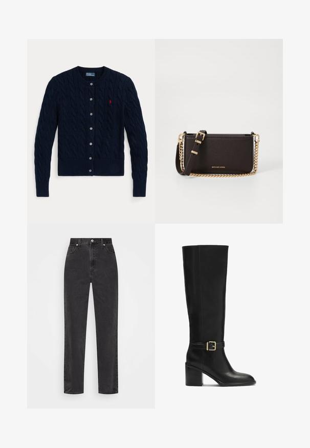 Cárdigan de punto azul marino con un patrón de cables, puños y dobladillo acanalados, seis botones y un pequeño logo rojo en el pecho izquierdo.; Camisa blanca de botones con mangas largas, cuello estructurado y dobladillo redondeado. Hecha de una tela lisa y sólida sin patrones ni acentos visibles.; Vaqueros de mezclilla negra de pierna recta con cintura alta, botón y cremallera en el frente, y estilo de cinco bolsillos sobre un fondo blanco.; Bota negra hasta la rodilla hecha de cuero suave, con tacón cuadrado, acento de hebilla dorada y una silueta elegante.; MICHAEL Michael Kors BRYANT SM XBODY POUCHETTE - Bandolera - chocolate
