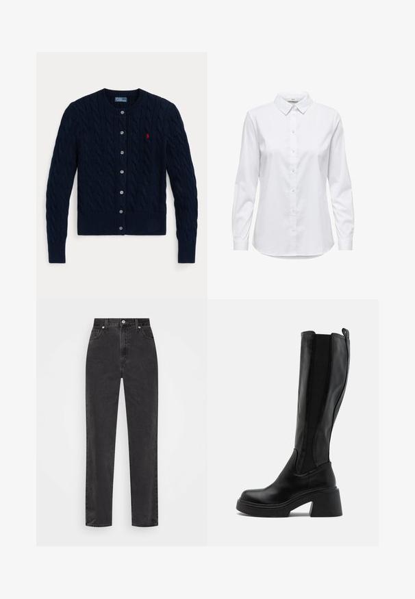 Navy blue knitted cardigan featuring a cable pattern, ribbed cuffs and hem, six buttons, and a small red logo on the left chest.; White button-up shirt with long sleeves, structured collar, and rounded hem. Made from a smooth, solid fabric with no visible patterns or accents.; Straight-leg black denim jeans with high waist, front button and zipper, and five-pocket styling on a white background.; Knee-high black boots with a smooth leather finish, elastic side panels, and a chunky, layered heel. Minimalist design with no patterns.