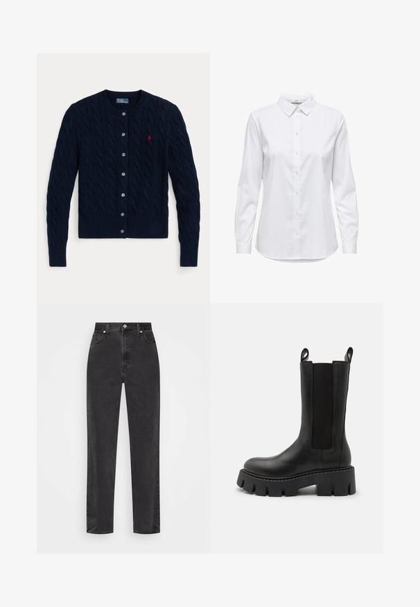 Tamsiai mėlynas megztinis su pynės raštu, ribotu rankogaliu ir apačia, šešiais mygtukais ir mažu raudonu logotipu kairėje krūtinės pusėje.; Balta marškinėliai su ilgomis rankovėmis, struktūruota apykakle ir suapvalintu kraštu. Pagaminti iš lygios, vienspalvės medžiagos be matomų raštų ar akcentų.; Tiesios kojų juodos džinsinės kelnės su aukštu juosmeniu, priekyje esančia užtrauktuku ir mygtuku, bei penkių kišenių stiliumi ant balto fono.; Juodas odinis kulkšninis batas su elastingomis šoninėmis panelėmis, trajektoriaus kilpomis, masyviu padais su reljefu ir sustiprintu siuvimu. Paviršius turi lygų tekstūrą.