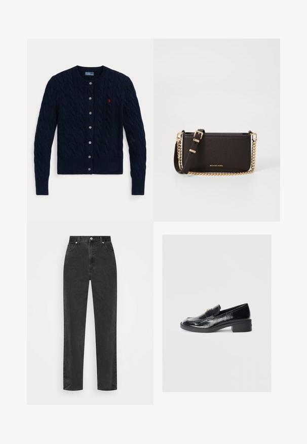 Marineblauer Strickcardigan mit Zopfmuster, gerippten Bündchen und Saum, sechs Knöpfen und einem kleinen roten Logo auf der linken Brust.; Weißes Hemd mit langen Ärmeln, strukturiertem Kragen und abgerundetem Saum. Hergestellt aus einem glatten, einfarbigen Stoff ohne sichtbare Muster oder Akzente.; Schwarze Denim-Jeans mit geradem Bein, hoher Taille, vorderem Knopf und Reißverschluss sowie fünf Taschen auf weißem Hintergrund.; Schwarze Lacklederslipper mit einem niedrigen Blockabsatz, die ein gesticktes Design und goldfarbene dekorative Akzente auf dem Obermaterial aufweisen.; MICHAEL Michael Kors BRYANT SM XBODY POUCHETTE - Umhängetasche - chocolate
