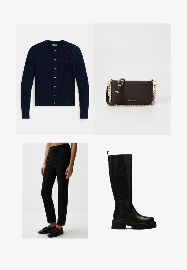 Cardigan en maille bleu marine avec un motif en torsades, des poignets et un ourlet côtelés, six boutons et un petit logo rouge sur le côté gauche de la poitrine.; Chemise blanche à manches longues, dotée d'un col structuré et d'un ourlet arrondi. Fabriquée à partir d'un tissu lisse et uni, sans motifs ni accents visibles.; Pantalon noir taille haute en mélange de coton lisse, doté de poches avant et d'une coupe slim, associé à des mocassins noirs.; Bottes en cuir noires montantes jusqu'au genou, avec un design épuré, un bout arrondi et une semelle en caoutchouc épaisse dotée de rainures profondes et d'une languette en haut.; MICHAEL Michael Kors BRYANT SM XBODY POUCHETTE - Sac bandoulière - chocolate