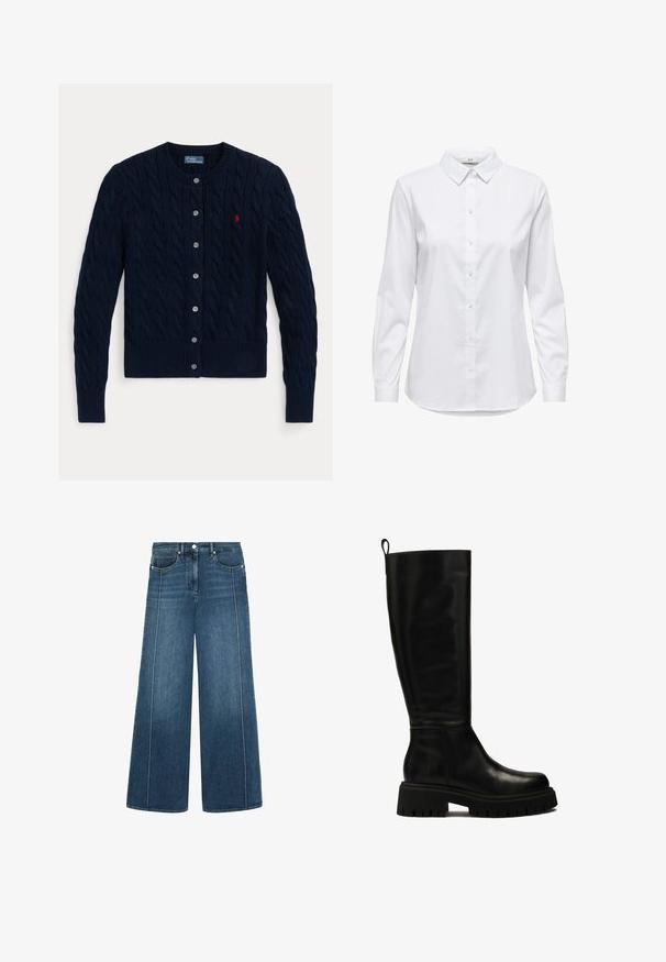 Laivastonsininen neulottu neuletakki, jossa on palmikkokuvio, resorit hihansuissa ja helmassa, kuusi nappia ja pieni punainen logo vasemmassa rinnassa.; Valkoinen nappikauluspaidat, joissa on pitkät hihat, rakenteellinen kaulus ja pyöristetty helma. Valmistettu sileästä, yksivärisestä kankaasta, jossa ei ole näkyviä kuvioita tai koristeita.; Leve-farkkut löytyt tummansinisestä denimistä, jossa on kontrastivalkoiset saumat, viisi taskua ja nappikiinnitys vyötäröllä.; Musta nahkasaapas, joka ulottuu polveen, tyylikkäällä muotoilulla, pyöreällä varvalla ja paksulla kumipohjalla, jossa on syviä uria ja ylhäällä vetoketjun vetonauha.