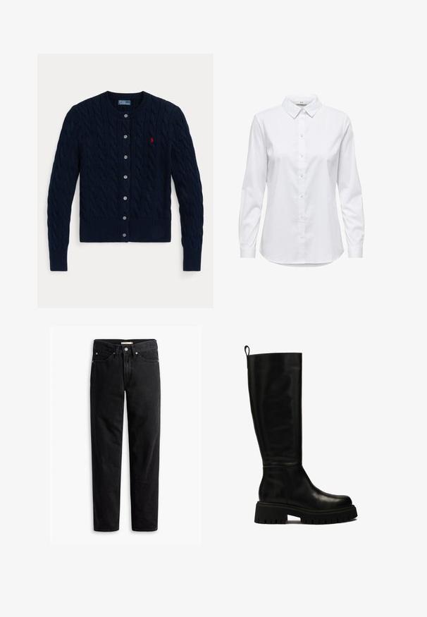 Tengerészkék kötött kardigán, amely kötött mintával, bordázott mandzsettákkal és szegéllyel, hat gombbal és egy kis piros logóval rendelkezik a bal mellrészen.; Fehér, hosszú ujjú, gombos ing, strukturált gallérral és lekerekített aljjal. Zökkenőmentes, egyszínű anyagból készült, látható minták vagy díszítések nélkül.; Fekete egyenes szabású farmernadrág, gombos és cipzáras záródással, övhurkokkal, valamint elülső és hátsó zsebekkel, fehér háttéren laposan elhelyezve.; Fekete, térd fölé érő bőr csizmák, minden részletükben sima vonalvezetésűek, lekerekített orral és masszív gumitalppal, mély barázdákkal, valamint húzófüllel a tetején.