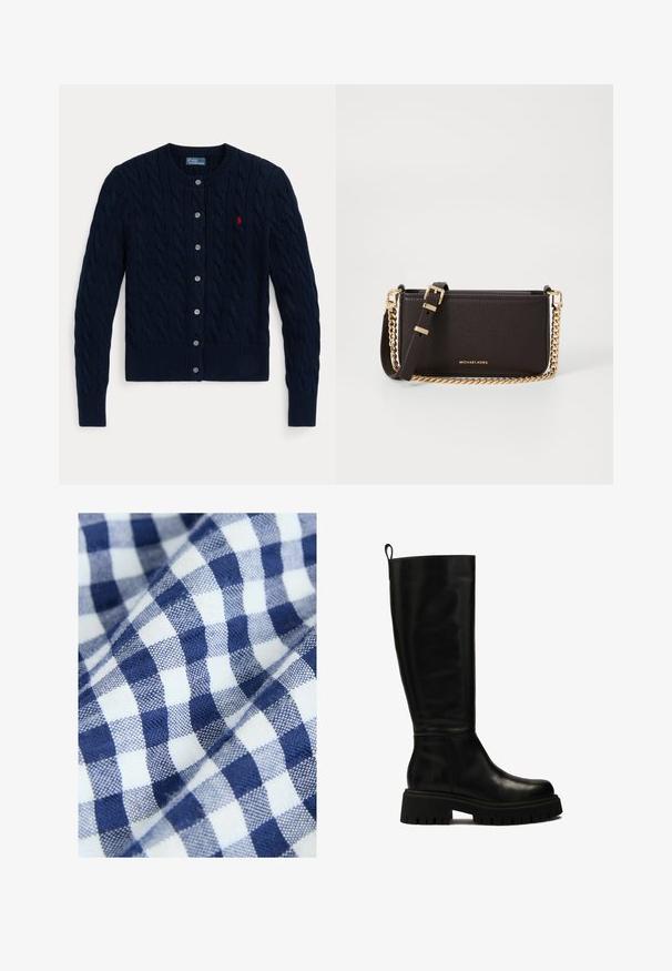 Navy blue knitted cardigan featuring a cable pattern, ribbed cuffs and hem, six buttons, and a small red logo on the left chest.; White button-up shirt with long sleeves, structured collar, and rounded hem. Made from a smooth, solid fabric with no visible patterns or accents.; Cotton fabric with a blue and white gingham pattern features small, even checks. The texture appears woven and smooth.; Black knee-high leather boots with a sleek design, rounded toe, and chunky rubber sole featuring deep grooves and a pull tab at the top.; MICHAEL Michael Kors BRYANT SM XBODY POUCHETTE - Cross body bag - chocolate