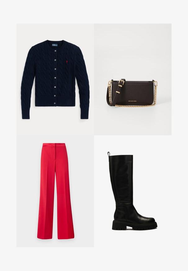 Laivastonsininen neulottu neuletakki, jossa on palmikkokuvio, resorit hihansuissa ja helmassa, kuusi nappia ja pieni punainen logo vasemmassa rinnassa.; Valkoinen nappikauluspaidat, joissa on pitkät hihat, rakenteellinen kaulus ja pyöristetty helma. Valmistettu sileästä, yksivärisestä kankaasta, jossa ei ole näkyviä kuvioita tai koristeita.; Punaiset leveät housut sileällä pinnalla, litteällä vyötäröllä ja rakenteellisella muotoilulla, joissa on laskokset edessä ja räätälöity muoto.; Musta nahkasaapas, joka ulottuu polveen, tyylikkäällä muotoilulla, pyöreällä varvalla ja paksulla kumipohjalla, jossa on syviä uria ja ylhäällä vetoketjun vetonauha.; MICHAEL Michael Kors BRYANT SM XBODY POUCHETTE - Olkalaukku - chocolate