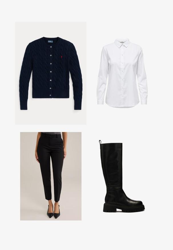 Tamsiai mėlynas megztinis su pynės raštu, ribotu rankogaliu ir apačia, šešiais mygtukais ir mažu raudonu logotipu kairėje krūtinės pusėje.; Balta marškinėliai su ilgomis rankovėmis, struktūruota apykakle ir suapvalintu kraštu. Pagaminti iš lygios, vienspalvės medžiagos be matomų raštų ar akcentų.; Moteris, vilkinti prigludusius juodus kulkšninius kelnius ir juodus smailianosius batus, stovinti šviesiame fone.; Juodos odinės iki kelių botai su stilingu dizainu, apvalia nosimi ir storu guminio pado, kuris turi gilius griovelius, bei su kilimo juostele viršuje.