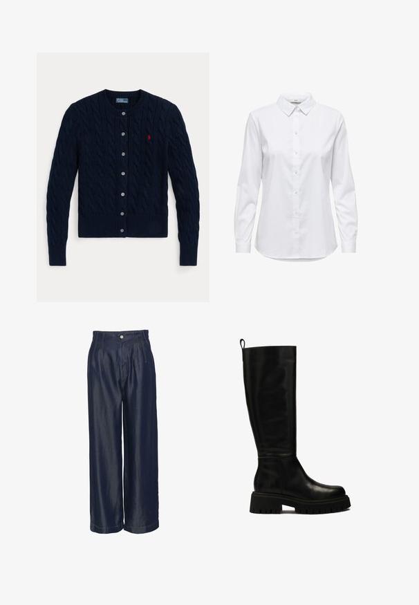 Cardigan tricotat bleumarin, cu model împletit, manșete și tiv striate, șase nasturi și un mic logo roșu pe pieptul stâng.; Cămașă albă, cu guler structurat și mâneci lungi, cu hem rotunjit. Fabricată dintr-un material solid, neted, fără modele sau accente vizibile.; Pantaloni din denim de culoare bleumarin, cu croială largă și talie înaltă, cu pliuri în față și accente din cusături aurii, cu textură netedă și închidere cu nasture.; Bocanci negri din piele, până la genunchi, cu un design elegant, vârf rotund și talpă din cauciuc masiv, cu șanțuri adânci și un tab de prindere în partea superioară.