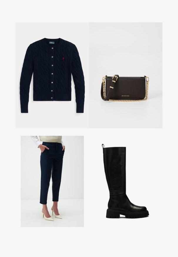 Marineblauer Strickcardigan mit Zopfmuster, gerippten Bündchen und Saum, sechs Knöpfen und einem kleinen roten Logo auf der linken Brust.; Weißes Hemd mit langen Ärmeln, strukturiertem Kragen und abgerundetem Saum. Hergestellt aus einem glatten, einfarbigen Stoff ohne sichtbare Muster oder Akzente.; Marineblaue maßgeschneiderte Hosen aus Baumwolle, mit slim fit, Seitentaschen und umgeschlagenen Säumen, kombiniert mit cremefarbenen High Heels.; Schwarze kniehohe Lederstiefel mit sleekem Design, runder Zehenform und robuster Gummisohle mit tiefen Rillen sowie einer Anhieblasche an der Oberseite.; MICHAEL Michael Kors BRYANT SM XBODY POUCHETTE - Umhängetasche - chocolate