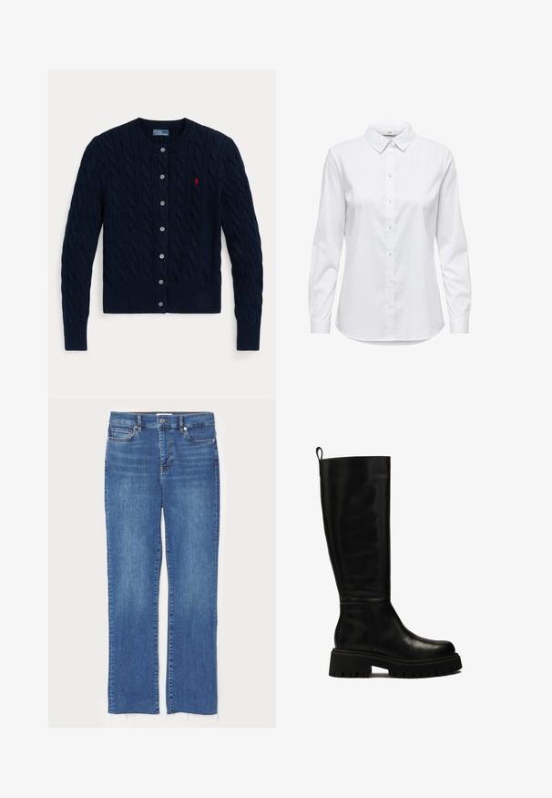 Marineblauer Strickcardigan mit Zopfmuster, gerippten Bündchen und Saum, sechs Knöpfen und einem kleinen roten Logo auf der linken Brust.; Weißes Hemd mit langen Ärmeln, strukturiertem Kragen und abgerundetem Saum. Hergestellt aus einem glatten, einfarbigen Stoff ohne sichtbare Muster oder Akzente.; Blaue Jeans aus Denim mit geradem Schnitt, ausgestattet mit einem Knopf- und Reißverschluss, fünf Taschen und ausgefransten Säumen am unteren Ende.; Schwarze kniehohe Lederstiefel mit sleekem Design, runder Zehenform und robuster Gummisohle mit tiefen Rillen sowie einer Anhieblasche an der Oberseite.