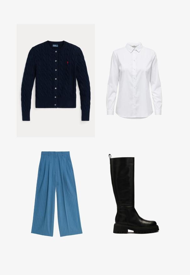 Marineblå strikket cardigan med kabelmønster, ribbede manchetter og kant, seks knapper og et lille rødt logo på venstre bryst.; Hvid skjorte med knaplukning, lange ærmer, struktureret krave og rundet kant. Fremstillet af et glat, ensfarvet stof uden synlige mønstre eller detaljer.; Blå bredbenede bukser med lodrette hvide striber, der har frontfolder og sidelommer, lavet af glat stof.; Sorte læderstøvler til knæene med et strømlinet design, rund tå og kraftig gummisål med dybe riller og et greb på toppen.