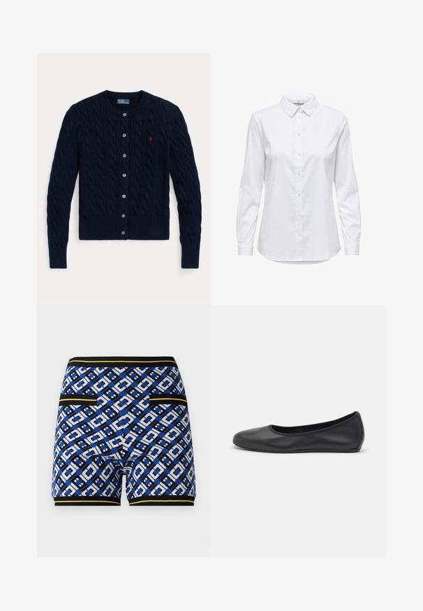 Navy blue knitted cardigan featuring a cable pattern, ribbed cuffs and hem, six buttons, and a small red logo on the left chest.; White button-up shirt with long sleeves, structured collar, and rounded hem. Made from a smooth, solid fabric with no visible patterns or accents.; Knit patterned shorts featuring a blue, black, and white geometric design, with contrasting yellow accents and pockets on the sides.; Black leather ballet flat with a rounded toe, smooth texture, minimal stitching detail, and a flexible sole design.