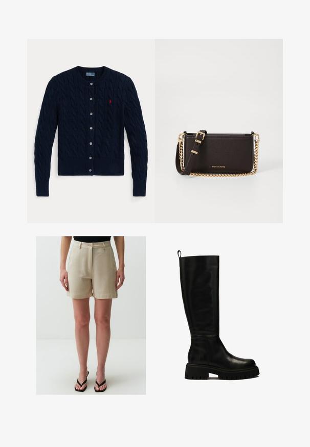 Marineblauwe gebreide cardigan met een kabelpatroon, geribbelde manchetten en zoom, zes knopen en een klein rood logo op de linkerborst.; Witte overhemd met lange mouwen, gestructureerde kraag en afgeronde zoom. Gemaakt van een gladde, effen stof zonder zichtbare patronen of accenten.; Jimmy Key HIGH WAIST WITH POCKETS - Shorts - stoned; Zwarte leren laarzen tot de knie met een strak ontwerp, ronde neus en stevige rubberen zool met diepe groeven en een trekband aan de bovenkant.; MICHAEL Michael Kors BRYANT SM XBODY POUCHETTE - Schoudertas - chocolate
