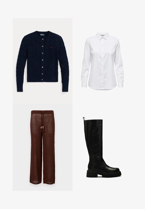 Cardigan en maille bleu marine avec un motif en torsades, des poignets et un ourlet côtelés, six boutons et un petit logo rouge sur le côté gauche de la poitrine.; Chemise blanche à manches longues, dotée d'un col structuré et d'un ourlet arrondi. Fabriquée à partir d'un tissu lisse et uni, sans motifs ni accents visibles.; Pantalons en maille marron à jambes larges avec taille à cordon de serrage et accents en perles en bois. Le tissu est semi-transparent avec un motif texturé.; Bottes en cuir noires montantes jusqu'au genou, avec un design épuré, un bout arrondi et une semelle en caoutchouc épaisse dotée de rainures profondes et d'une languette en haut.