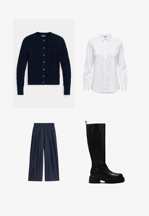 Marineblauwe gebreide cardigan met een kabelpatroon, geribbelde manchetten en zoom, zes knopen en een klein rood logo op de linkerborst.; Witte overhemd met lange mouwen, gestructureerde kraag en afgeronde zoom. Gemaakt van een gladde, effen stof zonder zichtbare patronen of accenten.; Marinblauwe wijdvallende broek van linnen, met een hoge taille, geplooide voorkant en zijzakken voor functionaliteit.; Zwarte leren laarzen tot de knie met een strak ontwerp, ronde neus en stevige rubberen zool met diepe groeven en een trekband aan de bovenkant.