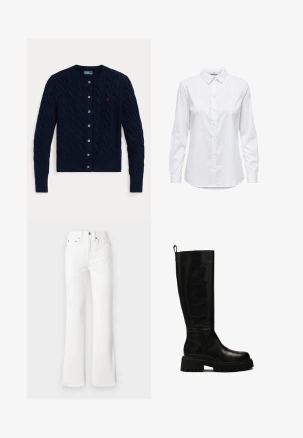 Navy blue knitted cardigan featuring a cable pattern, ribbed cuffs and hem, six buttons, and a small red logo on the left chest.; White button-up shirt with long sleeves, structured collar, and rounded hem. Made from a smooth, solid fabric with no visible patterns or accents.; White flared jeans in cotton denim material, featuring a high waist, front pockets, and a button closure with a zipper. Smooth, textured finish.; Black knee-high leather boots with a sleek design, rounded toe, and chunky rubber sole featuring deep grooves and a pull tab at the top.