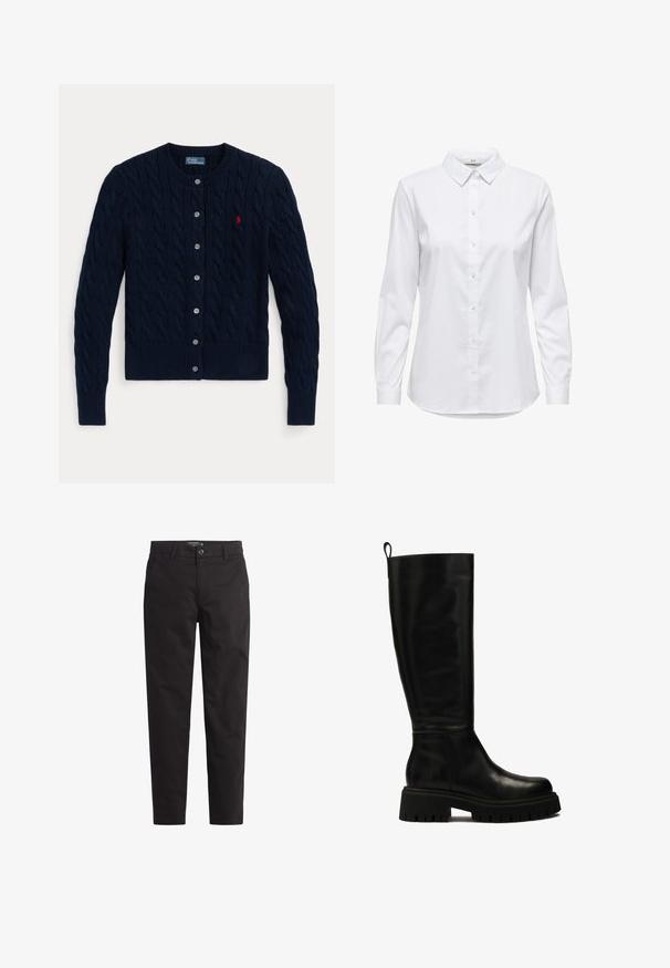 Navy blue knitted cardigan featuring a cable pattern, ribbed cuffs and hem, six buttons, and a small red logo on the left chest.; White button-up shirt with long sleeves, structured collar, and rounded hem. Made from a smooth, solid fabric with no visible patterns or accents.; Black cotton chinos with a straight leg design, front pockets, and a button closure. Smooth texture with minimal stitching details.; Black knee-high leather boots with a sleek design, rounded toe, and chunky rubber sole featuring deep grooves and a pull tab at the top.