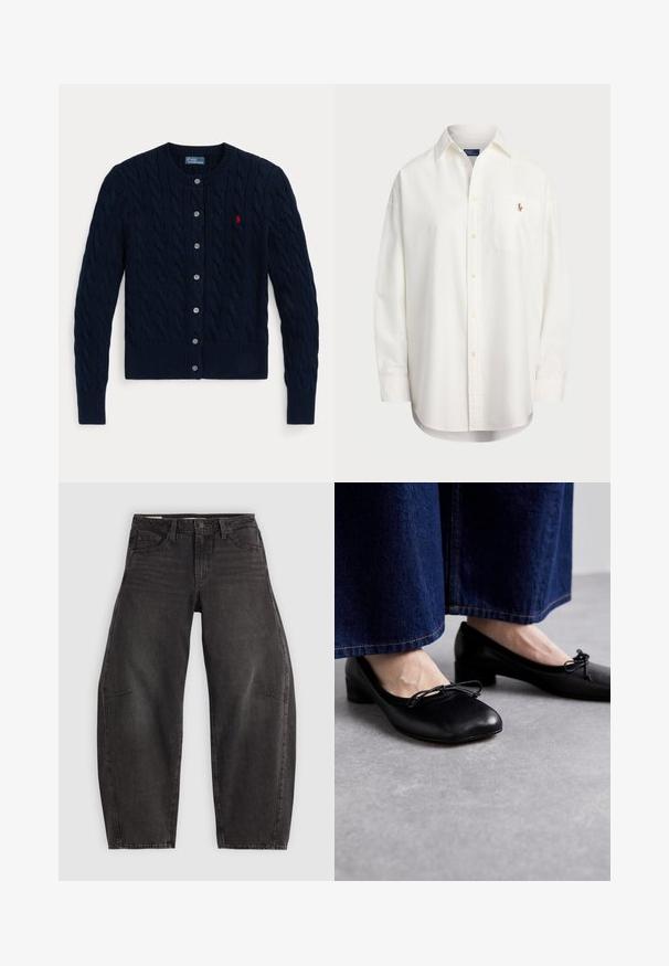 Tmavomodrý pletený kardigán so zapleteným vzorom, rebrovanými manžetami a lemom, šiestimi gombíkmi a malým červeným logom na ľavej strane hrudníka.; Biela košeľa s gombíkmi vyrobená z bavlny, ktorá má náprsné vrecko a malé vyšívané logo. Voľný strih s klasickým golierom a dlhými rukávmi.; Čierne džínsy z denimu s voľným strihom, ktoré majú päť vreciek, zapínanie na gombík a jemné vyblednutie. Tkanina má hladkú, pevnú textúru.; Čierne kožené topánky so štvorcovou špičkou a malým podpätkom, so zdobnou mašľou na prednej strane. Nosené s tmavými džínsami.