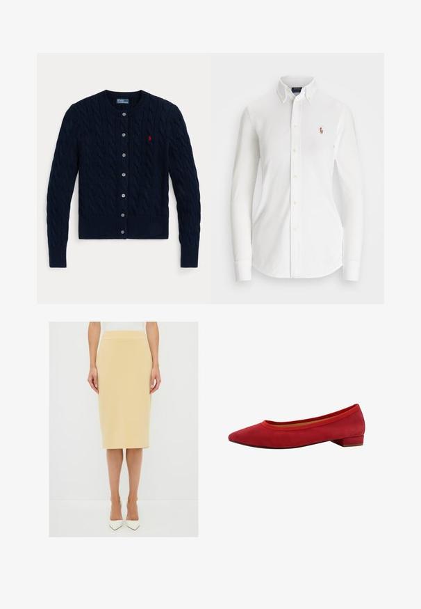 Cardigan en maille bleu marine avec un motif en torsades, des poignets et un ourlet côtelés, six boutons et un petit logo rouge sur le côté gauche de la poitrine.; Chemise blanche à manches longues avec col pointu, en coton. Présente un petit logo brodé sur la poitrine gauche.; adL WITH BACK ZIPPER - Jupe crayon - yellow; Ballerine en daim rouge avec un bout pointu, un petit talon bloc et un bord élastique autour de l'ouverture. Texture lisse avec un design élégant.