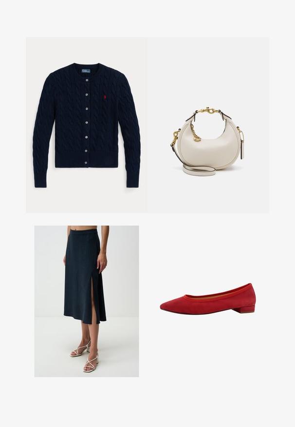 Cardigan lavorato a maglia blu navy con motivo a trecce, polsini e orlo a costine, sei bottoni e un piccolo logo rosso sul petto sinistro.; Camicia bianca a maniche lunghe con colletto a punta, realizzata in cotone. Presenta un piccolo logo ricamato sul petto sinistro.; Jimmy Key HIGH WAIST MIDI - Gonna a campana - dark blue; Ballerine in suede rosso con punta affusolata, tacco basso a blocco e bordo elastico intorno all'apertura per una vestibilità aderente.; Borsa a mano in pelle crema a forma di mezzaluna, con accessori in oro, dettagli neri e una tracolla rimovibile. Presenta una dettagli in catena e un'etichetta.