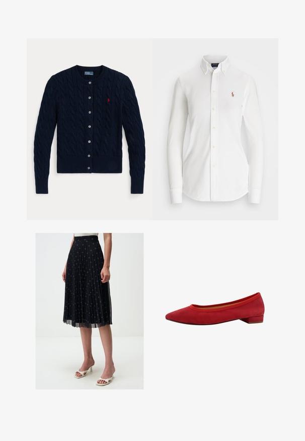 Marineblauwe gebreide cardigan met een kabelpatroon, geribbelde manchetten en zoom, zes knopen en een klein rood logo op de linkerborst.; Witte overhemd met lange mouwen en een puntkraag, gemaakt van katoen. Voorzien van een klein geborduurd logo op de linkerborst.; Zwarte geplooide midi-jurk met geborduurd sterpatroon, elastische tailleband en doorschijnende overlay, gecombineerd met witte open teenhakken.; Rode suède ballerina's met een puntige neus, lage blokhak en elastisch randje rond de opening voor een perfecte pasvorm.