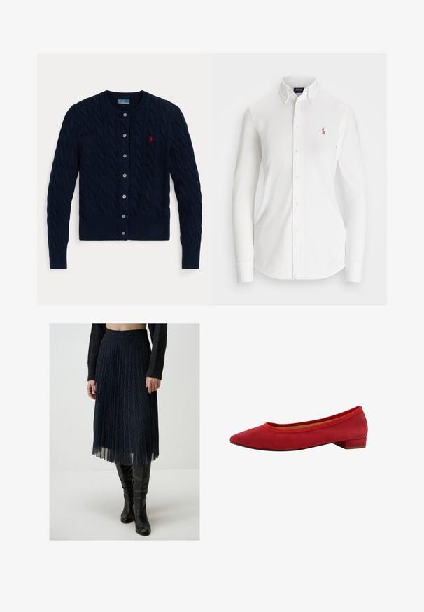Cardigan en maille bleu marine avec un motif en torsades, des poignets et un ourlet côtelés, six boutons et un petit logo rouge sur le côté gauche de la poitrine.; Chemise blanche à manches longues avec col pointu, en coton. Présente un petit logo brodé sur la poitrine gauche.; Jupe plissée marine en tissu léger avec un motif en losange. Dotée d'une taille élastique et d'un design fluide en couches.; Ballerines en suede rouge avec un bout pointu, un petit talon carré, et un bord élastiqué autour de l'ouverture pour un ajustement confortable.
