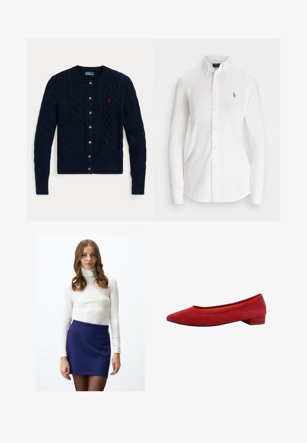 Marineblauwe gebreide cardigan met een kabelpatroon, geribbelde manchetten en zoom, zes knopen en een klein rood logo op de linkerborst.; Witte overhemd met lange mouwen en een puntkraag, gemaakt van katoen. Voorzien van een klein geborduurd logo op de linkerborst.; Witte geribde coltrui gecombineerd met een nauwsluitende marineblauwe minirok. De outfit heeft lange mouwen en een gladde textuur.; Rode suède ballerina's met een puntige neus, lage blokhak en elastisch randje rond de opening voor een perfecte pasvorm.
