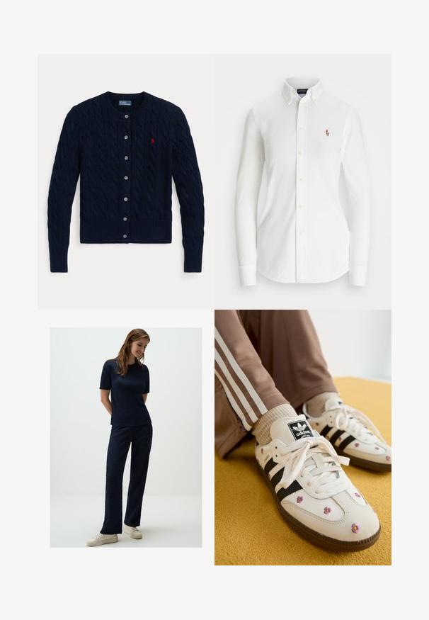 Cardigan lavorato a maglia blu navy con motivo a trecce, polsini e orlo a costine, sei bottoni e un piccolo logo rosso sul petto sinistro.; Camicia bianca a maniche lunghe con colletto a punta, realizzata in cotone. Presenta un piccolo logo ricamato sul petto sinistro.; Set di maglia a due pezzi di colore blu navy, caratterizzato da una maglietta a maniche corte e pantaloni larghi, abbinato a sneakers beige.; Sneakers bianchi in pelle con tre strisce nere e ricami floreali in viola e giallo. Suola in gomma marrone. Abbinati a calze a coste beige.