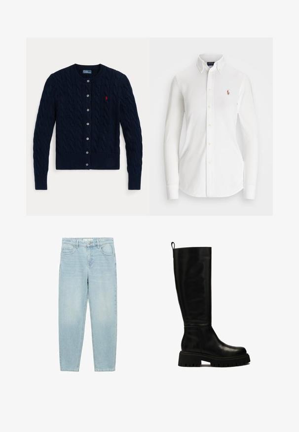 Mornarski plavi pleteni kardigan s kabelskim uzorkom, rebrastim manžetama i rubom, šest gumba i malim crvenim logotipom na lijevoj strani prsa.; Bijela košulja s dugim rukavima i dugim ovratnikom, napravljena od pamuka. Ima mali izvezeni logo na lijevoj strani prsnog koša.; Svijetloplave traperice s ravnim krojem, dizajn s pet džepova, prednje kopčanje na dugme i blago izblijedjela tekstura.; Crne kožne čizme do koljena s elegantnim dizajnom, zaobljenim vrhom i masivnom gumenom potplatom s dubokim utorima te s trakicom za povlačenje na vrhu.