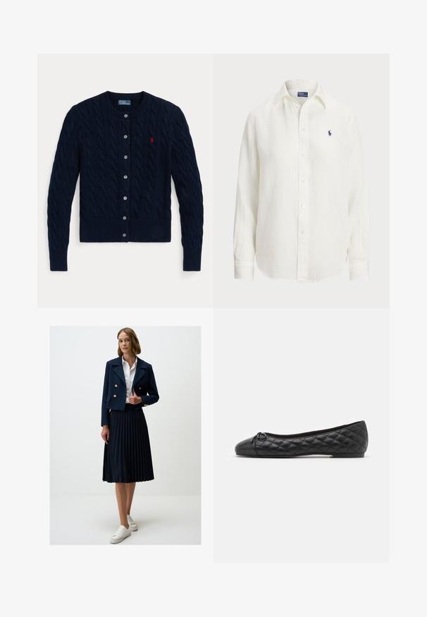 Granatowy sweter rozpinany z dzianiny z wzorem warkocza, ściągaczowymi mankietami i dolnym krawędziem, sześcioma guzikami oraz małym czerwonym logo na lewej piersi.; Biała lniana koszula z długimi rękawami, z kołnierzykiem zapinanym na guziki oraz guzikami z przodu. Posiada małe niebieskie wyszywane logo na piersi.; Granatowa krótka podwójnie zapięta kurtka z złotymi guzikami, w połączeniu z plisowaną granatową spódnicą i białymi trampkami. Gładka tekstura materiału.; Czarne baletki z pikowanej skóry. Posiadają okrągły czubek i mały akcent w postaci kokardy z przodu. Niska podeszwa dla wygody noszenia.