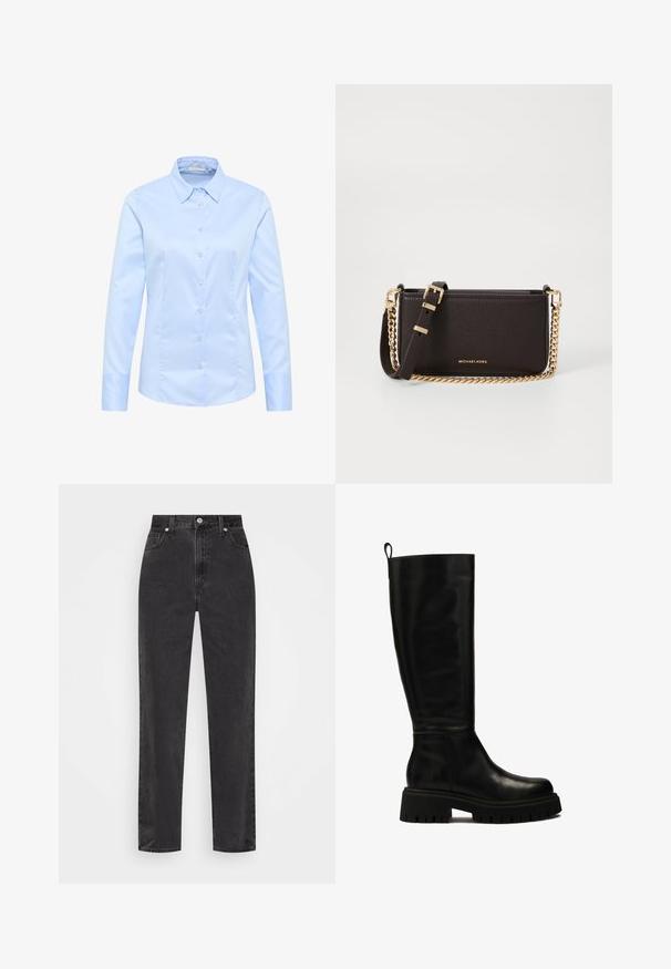 Navy blue knitted cardigan featuring a cable pattern, ribbed cuffs and hem, six buttons, and a small red logo on the left chest.; Light blue long-sleeve shirt with a structured collar, front buttons, and a smooth, polished cotton texture. Slim fit with cuffed sleeves.; Straight-leg black denim jeans with high waist, front button and zipper, and five-pocket styling on a white background.; Black knee-high leather boots with a sleek design, rounded toe, and chunky rubber sole featuring deep grooves and a pull tab at the top.; MICHAEL Michael Kors BRYANT SM XBODY POUCHETTE - Cross body bag - chocolate