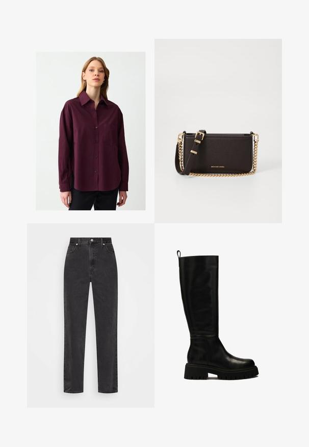 Marineblauer Strickcardigan mit Zopfmuster, gerippten Bündchen und Saum, sechs Knöpfen und einem kleinen roten Logo auf der linken Brust.; Bordeaux-farbenes Hemd mit Knöpfen aus weichem Stoff, mit Kragen, langen Ärmeln und einer Brusttasche. Verfügt über Seitenschlitze und eine subtile Textur.; Schwarze Denim-Jeans mit geradem Bein, hoher Taille, vorderem Knopf und Reißverschluss sowie fünf Taschen auf weißem Hintergrund.; Schwarze kniehohe Lederstiefel mit sleekem Design, runder Zehenform und robuster Gummisohle mit tiefen Rillen sowie einer Anhieblasche an der Oberseite.; MICHAEL Michael Kors BRYANT SM XBODY POUCHETTE - Umhängetasche - chocolate