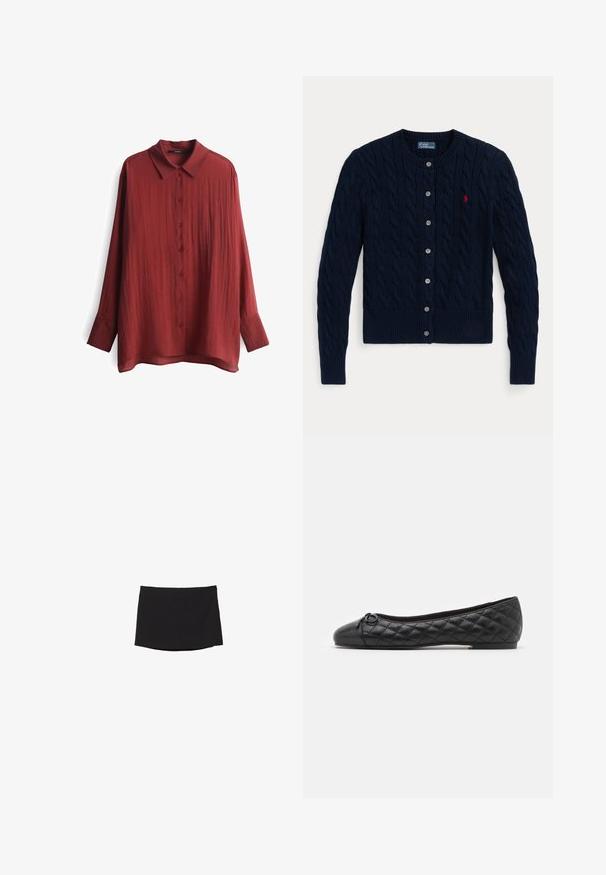 Navy blue knitted cardigan featuring a cable pattern, ribbed cuffs and hem, six buttons, and a small red logo on the left chest.; Red, long-sleeve shirt made of a textured, lightweight fabric. Features a collar and button-front closure with matching buttons.; Black miniskirt made of smooth, stretch fabric; features a straight cut with a subtle hem and no visible fasteners or patterns.; Black ballet flat in quilted leather. Features a round toe and a small bow accent near the front. Low-profile sole for easy wear.