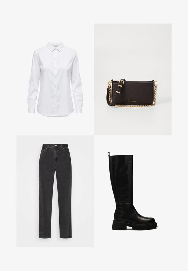 Marineblauer Strickcardigan mit Zopfmuster, gerippten Bündchen und Saum, sechs Knöpfen und einem kleinen roten Logo auf der linken Brust.; Weißes Hemd mit langen Ärmeln, strukturiertem Kragen und abgerundetem Saum. Hergestellt aus einem glatten, einfarbigen Stoff ohne sichtbare Muster oder Akzente.; Schwarze Denim-Jeans mit geradem Bein, hoher Taille, vorderem Knopf und Reißverschluss sowie fünf Taschen auf weißem Hintergrund.; Schwarze kniehohe Lederstiefel mit sleekem Design, runder Zehenform und robuster Gummisohle mit tiefen Rillen sowie einer Anhieblasche an der Oberseite.; MICHAEL Michael Kors BRYANT SM XBODY POUCHETTE - Umhängetasche - chocolate