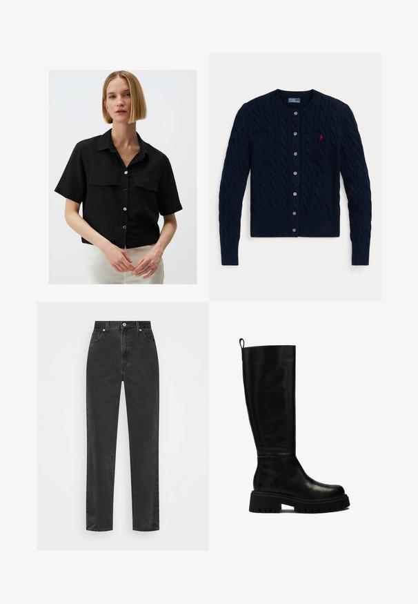 Marineblauwe gebreide cardigan met een kabelpatroon, geribbelde manchetten en zoom, zes knopen en een klein rood logo op de linkerborst.; Zwart shirt met korte mouwen van gestructureerde stof, voorzien van twee voorzakken en een kraaghals, met zilveren knopen aan de voorkant.; Zwarte denim jeans met rechte pijpen en hoge taille, met een knoop en rits aan de voorkant en vijf zakken, op een witte achtergrond.; Zwarte leren laarzen tot de knie met een strak ontwerp, ronde neus en stevige rubberen zool met diepe groeven en een trekband aan de bovenkant.