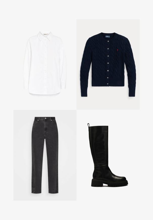 Navy blue knitted cardigan featuring a cable pattern, ribbed cuffs and hem, six buttons, and a small red logo on the left chest.; White button-up shirt with a point collar, long sleeves, and a curved hem. Made from a smooth, lightweight fabric. Subtle sheen.; Straight-leg black denim jeans with high waist, front button and zipper, and five-pocket styling on a white background.; Black knee-high leather boots with a sleek design, rounded toe, and chunky rubber sole featuring deep grooves and a pull tab at the top.