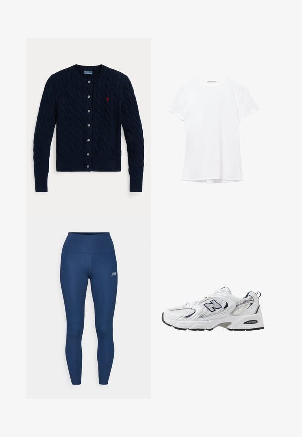 Laivastonsininen neulottu neuletakki, jossa on palmikkokuvio, resorit hihansuissa ja helmassa, kuusi nappia ja pieni punainen logo vasemmassa rinnassa.; Valkoinen lyhythihainen t-paita, joka on valmistettu sileästä kankaasta, ja jossa on pyöreä pääntie sekä hillityt ompelutiedot helmassa.; Vaalinsinisiä urheiluleggingeitä, jotka on valmistettu venyvästä kankaasta. Niissä on korkea vyötärö, sileä pinta ja pieni heijastava logo sivussa.; Valkoinen urheilushoe, jossa on verkkomateriaali päällä, laivastonsiniset yksityiskohdat ja pehmeä pohja. Varustettu "N"-logolla, nauhoilla ja teksturoidulla yksityiskohdalla sivussa.