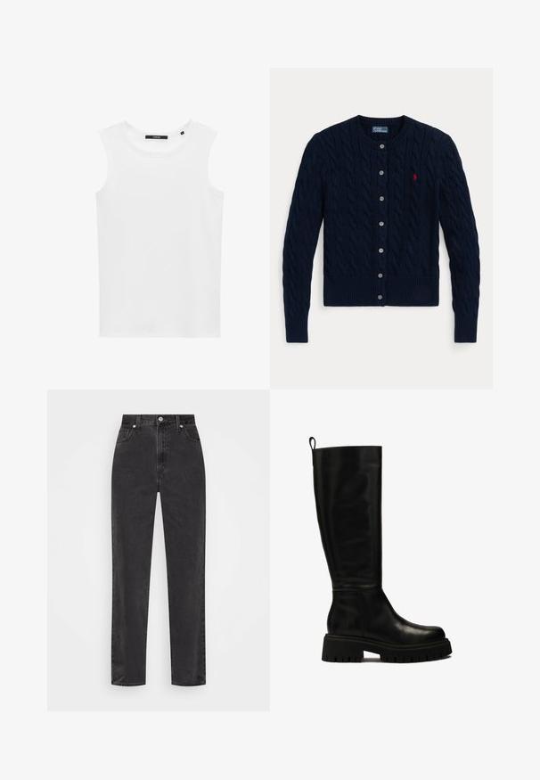 Cardigan lavorato a maglia blu navy con motivo a trecce, polsini e orlo a costine, sei bottoni e un piccolo logo rosso sul petto sinistro.; Top senza maniche bianco realizzato in un tessuto a coste, con scollatura rotonda e orlo dritto, dotato di una piccola etichetta nera con logo sul collo.; Camicia bianca con bottoni, maniche lunghe, colletto strutturato e orlo arrotondato. Realizzata in un tessuto liscio e uniforme, senza motivi visibili o dettagli.; Jeans in denim nero a gamba dritta con vita alta, bottone e cerniera frontali, e cinque tasche su uno sfondo bianco.; Stivali in pelle neri al ginocchio con un design elegante, punta rotonda e suola in gomma spessa con profonde scanalature e una linguetta nella parte superiore.