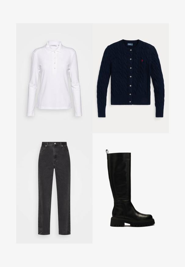 Laivastonsininen neulottu neuletakki, jossa on palmikkokuvio, resorit hihansuissa ja helmassa, kuusi nappia ja pieni punainen logo vasemmassa rinnassa.; Valkoinen pitkähihaainen polo-paita, joka on valmistettu puuvillasekoitteesta, jossa on nappilista ja pieni brodeerattu logo rinnassa. Silkkinen rakenne.; Valkoinen nappikauluspaidat, joissa on pitkät hihat, rakenteellinen kaulus ja pyöristetty helma. Valmistettu sileästä, yksivärisestä kankaasta, jossa ei ole näkyviä kuvioita tai koristeita.; Suorat mustat farkut korkealla vyötäröllä, edessä nappi ja vetoketju sekä viisi taskua valkoisella taustalla.; Musta nahkasaapas, joka ulottuu polveen, tyylikkäällä muotoilulla, pyöreällä varvalla ja paksulla kumipohjalla, jossa on syviä uria ja ylhäällä vetoketjun vetonauha.