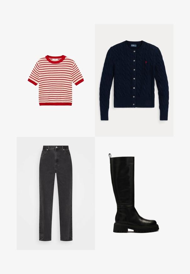 Navy blue knitted cardigan featuring a cable pattern, ribbed cuffs and hem, six buttons, and a small red logo on the left chest.; Mango MIMOI - Print T-shirt - red; White button-up shirt with long sleeves, structured collar, and rounded hem. Made from a smooth, solid fabric with no visible patterns or accents.; Straight-leg black denim jeans with high waist, front button and zipper, and five-pocket styling on a white background.; Black knee-high leather boots with a sleek design, rounded toe, and chunky rubber sole featuring deep grooves and a pull tab at the top.