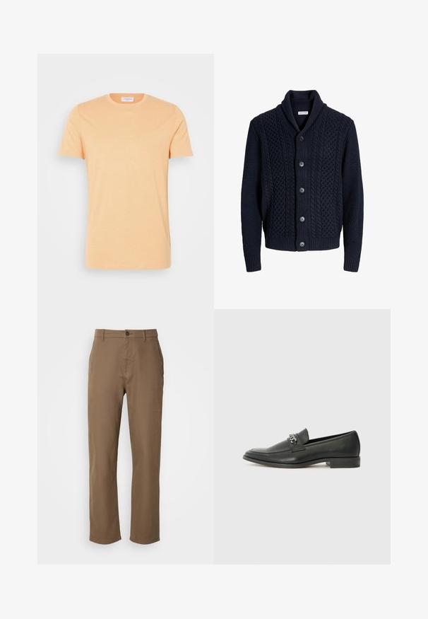 Granatowy sweter z dzianiny z kołnierzem szalowym, wzorem w warkocze, pięcioma guzikami z przodu oraz ściągaczami przy mankietach i u dołu. Teksturowane wykończenie na całej powierzchni.; Jasnopomarańczowa koszulka z krótkim rękawem wykonana z miękkiego materiału. Posiada okrągły dekolt i subtelny napis "Arrivederci" z przodu.; Brązowe, bawełniane spodnie o prostym kroju, z zapięciem na guziki i kieszeniami bocznymi. Charakteryzują się gładką teksturą i prostym, nieozdobnym wzornictwem.; Czarne skórzane mokasyny o gładkim wykończeniu, z haftowanym wzorem i dekoracyjnym akcentem z metalowego łańcucha na wierzchu. Płaska pięta.