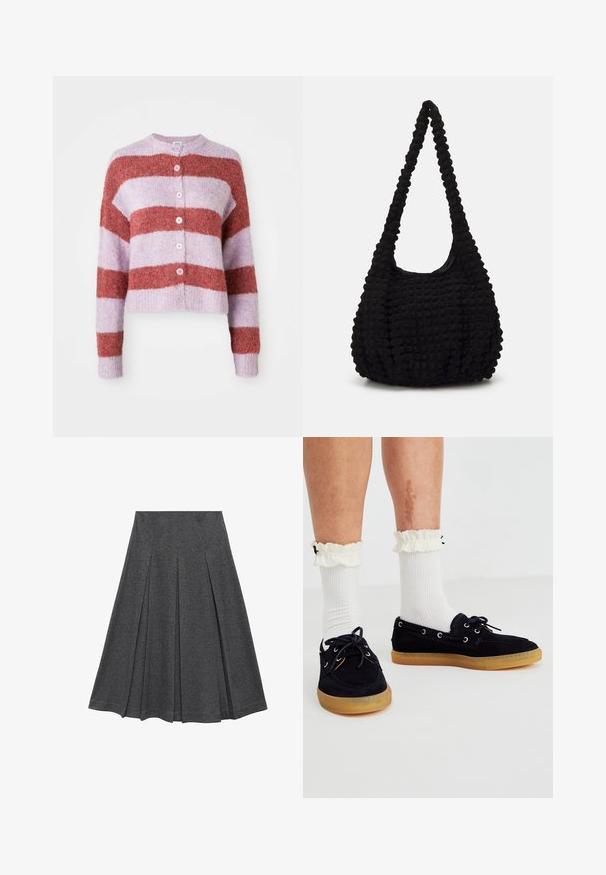 Knopfkaartigan mit breiten horizontalen Streifen in staubigem Rosa und gedämpftem Lavendel, ausgestattet mit einer weichen, flauschigen Textur und langen Ärmeln.; Gekürzte Shirt-Bluse mit blauen und weißen vertikalen Streifen und strukturiertem Finish, spitzem Kragen und einknöpfbaren Manschetten.; Grauer, plissierter Rock mit ausgestellt Form, aus weichem Stoff. Verfügt über vertikale Falten und einen glatten Bund für einen figurschmeichelnden Look.; Marineblaue Wildlederschuhe für Boote mit Gummisohlen, ausgestattet mit silbernen Ösen und Schnürsenkeln. Kombiniert mit weißen gerippten Socken und Rüschendetails an den Bündchen.; Schwarze, strukturierte Stofftasche mit einem einzigen gedrehten Griff, die eine puffige Form und ein gerafftes Oberflächendesign aufweist.