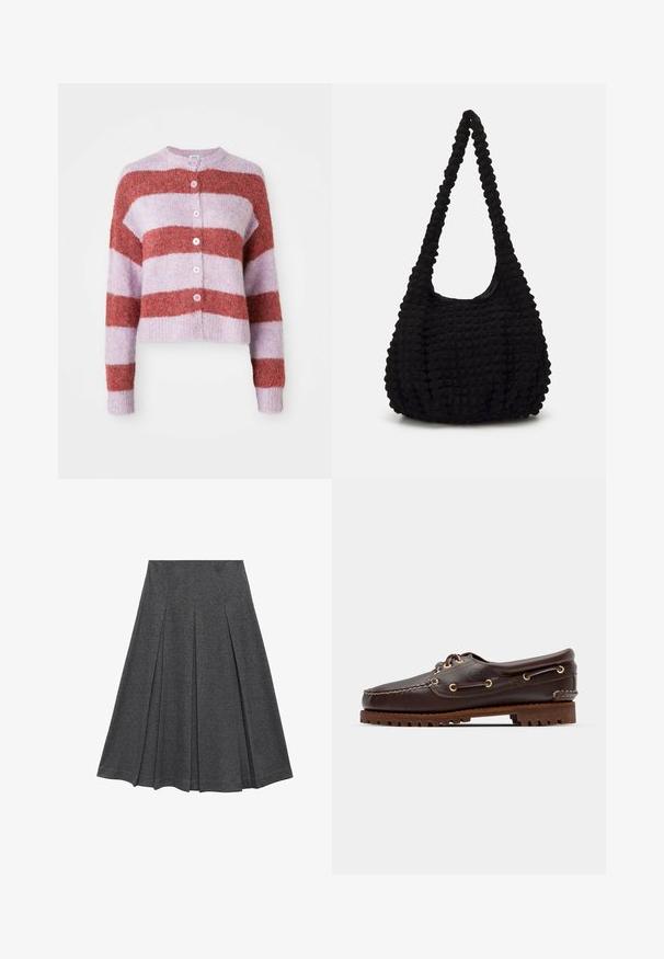 Napapaita, jossa on leveät vaakaraidat pölyruusuisena ja haalistuneena laventelina, pehmeä ja pörröinen pinta sekä pitkät hihat.; Lyhennetty nappipaita, joka esittelee sinisiä ja valkoisia pystysuoria raidoituksia, tekstuuripintaista kangasta, teräväkaulusta ja yhden napin mansetteja.; Harmaa laskostettu hame, jolla on levenevä muoto, valmistettu pehmeästä kankaasta. Siinä on pystysuorat laskokset ja sileä vyötärö, joka luo istuvan ilmeen.; Ruskeaharmaat nahkaiset venesandaalit kultaisilla silmärei'illä, pyöreällä nauhalla ja teksturoidulla ruskealla kumipohjalla. Sisältää kirjontayksityiskohtia ja kohotetun logon.; Musta teksturoitu kangaskassi, jossa on yksi kierretty hihna, paksuhko muoto ja rypytetty pinnan suunnittelu.