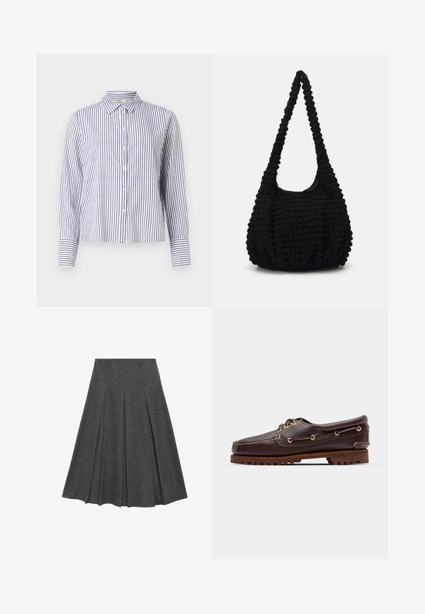 Buttoned cardigan with wide horizontal stripes in dusty rose and muted lavender, featuring a soft, fuzzy texture and long sleeves.; Striped button-up shirt with a collar, featuring narrow blue and white vertical stripes, long sleeves with cuff detailing, and a cropped design.; Grey pleated skirt with a flared shape, made of soft fabric. Features vertical pleats and a smooth waistband for a fitted look.; Brown leather boat shoe with gold eyelets, round laces, and a textured brown rubber sole. Features stitched detailing and a raised logo.; Black textured fabric bag with a single twisted strap, featuring a puffy shape and gathered surface design.