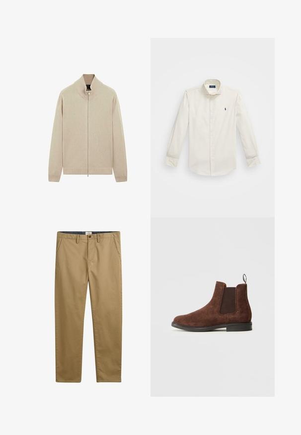 Pull à fermeture éclair beige avec un col montant, des poignets côtelés et un ourlet côtelé. Sa texture douce, son design minimaliste et sa finition lisse contribuent à son aspect moderne.; Chemise blanche à manches longues en coton, dotée d'un col boutonné, d'une poche poitrine unique et d'un petit logo navy sur le côté gauche.; Pantalon en coton kaki à coupe droite, doté de poches latérales, d'une fermeture à bouton et d'un tissu texturé.; Botte Chelsea en daim brun avec des panneaux latéraux élastiques, une languette et une semelle noire. Texture lisse avec un design à bout arrondi.