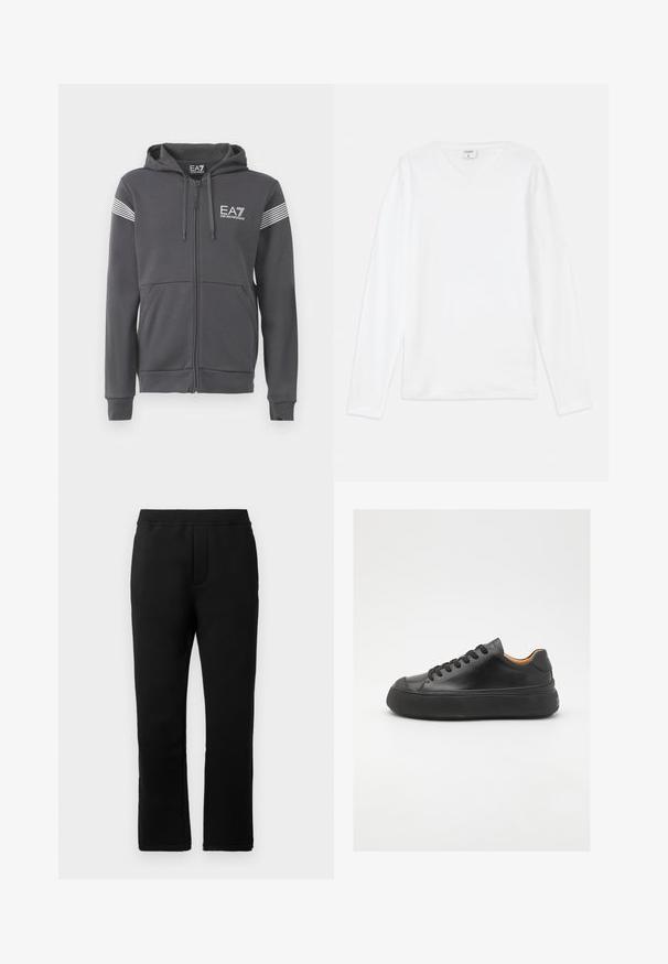 Halluxhallik, pehmest kangast, hall zip-up kapuutsiga. Omab esipoolset logo, triibulisi aktsente varrukatel ja tõmblukuga taskuid.; Valge pika varrukaga T-särk V-kaelusega, pehmest materjalist, laia lõikega ja küljeauke liikumisvabaduse huvides.; Mustad mustad püksid sileda tekstuuriga, elastne vöökoht ja kaks külge taskut. Sirge jala disain puhta viimistlusega.; Mustmust mustarist king kätšiga, ümar varvas, nöörimisega esiosa, sile tekstuur, paks kummist tall ja kontrastne pruun sisemus.