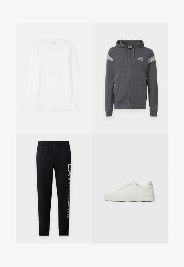 Grijze zip-up hoodie gemaakt van zachte stof. Voorzien van een logoprint aan de voorkant, gestreepte accenten op de mouwen en kangoeroezakken.; Witte lange mouw T-shirt met V-hals, gemaakt van zachte stof, met een ontspannen pasvorm en zijsplitten voor bewegingsgemak.; Zwarte sweatpants van een katoenmix, met een elastische tailleband, taps toelopende benen, ribgebreide boorden en een wit logo-opdruk langs de zijkant.; Witte leren sneaker met een gladde afwerking, ronde neus, platte veters en een gestructureerde zool. Kenmerkt zich door een subtiel logo op de hiel.
