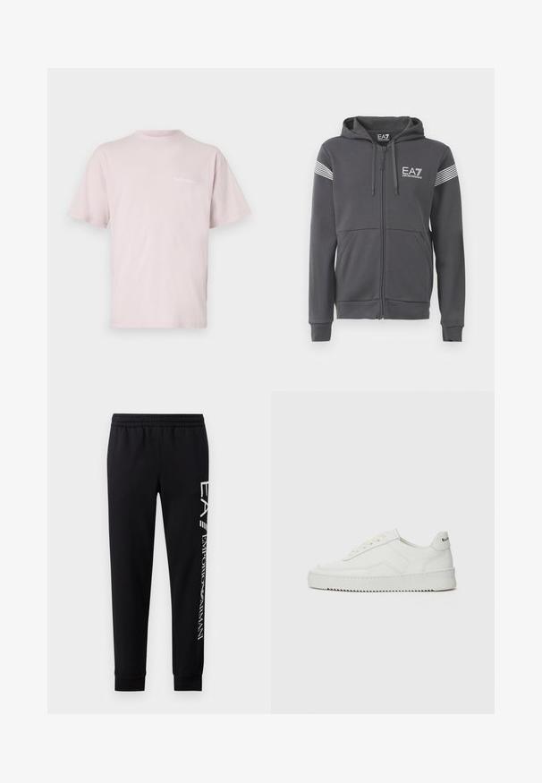 Fle hoodie cinzento com fecho éclair, feito de um tecido suave. Apresenta um logótipo frontal, detalhes às riscas nas mangas e bolsos tipo canguru.; T-shirt de algodão rosa claro com mangas curtas, gola redonda e texto "NoProblemo" impresso em branco na frente.; Calças de treino pretas em mistura de algodão, com cintura elástica, pernas afuniladas, punhos canelados e impressão do logótipo branco na lateral.; Sapatilha de couro branco com acabamento suave, bico redondo, atacadores planos e uma sola texturizada. Apresenta um logotipo discreto no calcanhar.
