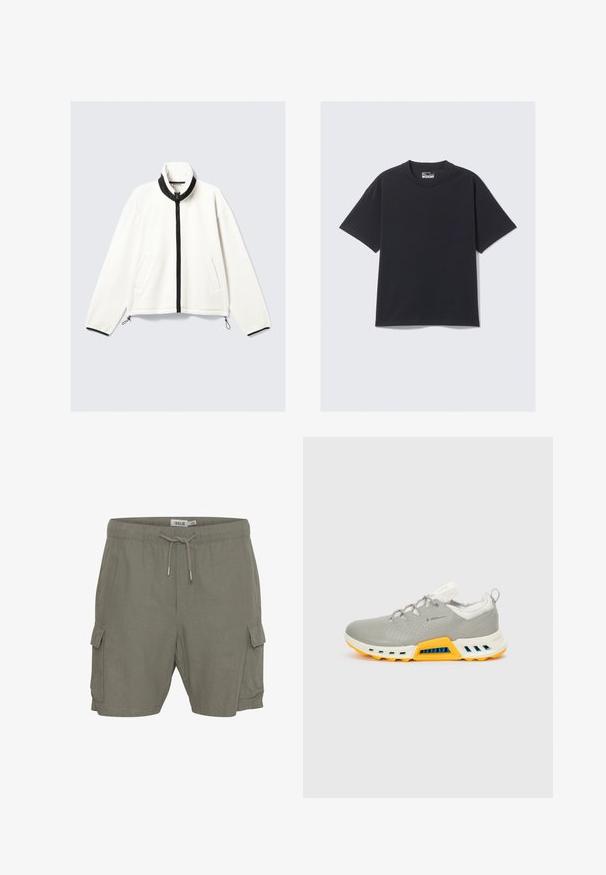 Hvid fleecejakke med sort lynlås foran, høj krave, to sidelommer og elastiske manchetter med justerbare stropper i kanten.; Sort bomulds T-shirt med klassisk rund hals, korte ærmer og en afslappet pasform. Glat tekstur med minimal syning.; Cargo shorts i olivenfarvet stof, med en snoretræk i taljen, sidelommer og et let, struktureret materiale.; Grå sportsko med en glat læderoverdel, mesh-tunge, gummisål i gul og blå akcenter på mellemsålen. Der er perforerede detaljer.