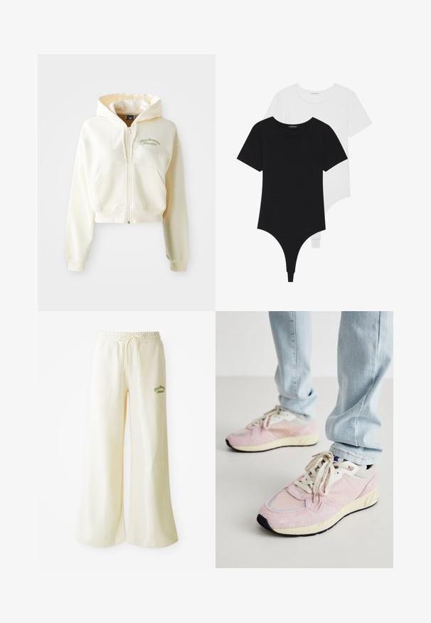 Avkapad, zip-up hoodie i krämfärgad tyg med en mjuk textur. Har en huva, framfickor och subtil grön brodyr med texten "New Balance Athletics."; Svart och vit kortärmad bodysuit med rund halsringning och tanga-botten, tillverkad av ett mjukt, elastiskt tyg.; Krämfärgade vida sweatpants med elastisk midja och justerbar dragsko. Broderad grön text "Athletic" på framsidan. Mjuk tyg.; Rosa mockasin- och mesh-sneakers med ljusgrå detaljer, gräddfärgade skosnören och en gul mellansula, med en svart yttersula och varumärkesdetalj.