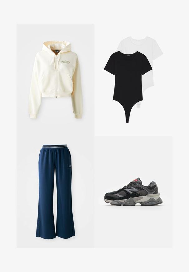 Kratší mikina na zip v krémové barvě s jemnou texturou. Má kapuci, přední kapsy a decentní zelenou výšivku s nápisem "New Balance Athletics."; Černobílé body s krátkým rukávem a kulatým výstřihem, s thong spodní částí, vyrobené z hladké, elastické tkaniny.; Tmavě modré sportovní kalhoty se širokými nohavicemi, elastickým pasem s bílým pruhom a bočními rozparky pro větší volnost pohybu. Logo na kapse.; Černé a šedé sneakersy se směsí semišových a síťovaných materiálů, silnou podrážkou, výrazným logem a červeným akcentem na jazyku.